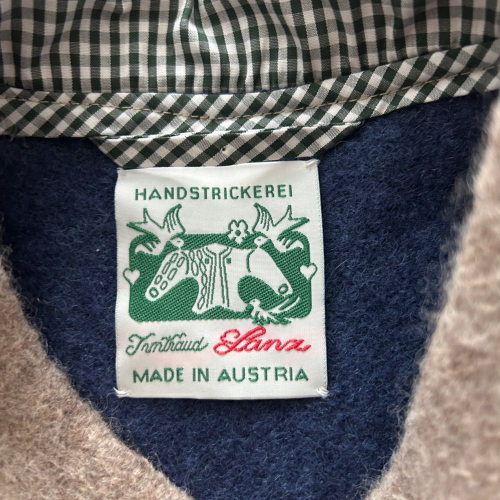 Handstrickerei Irmtraud Lanz Blue Wool Jacket Beige Trim Women’s L - Picture 3 of 16